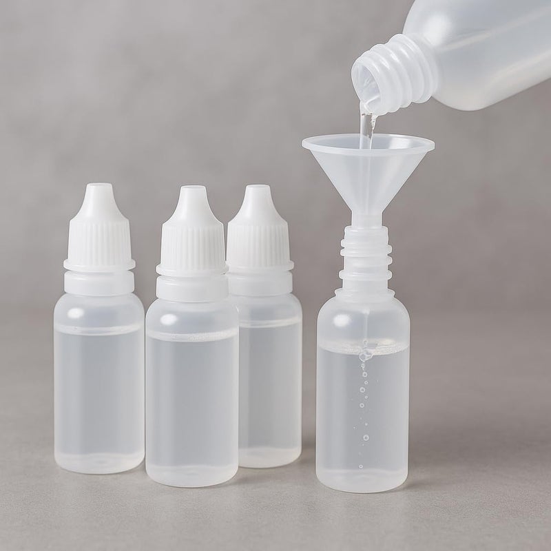Pretwad 5 PCS (4 Bottles + 1 Funnel) 15ml (0.5oz) Small Plastic Dropper Bottles - Empty, White Eye Liquid Dropper Bottles, Squeezable & Portable Travel Containers for Eye Drops, Refillable with Cap and Plug - Image 1